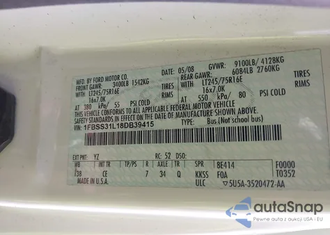 2008 Ford E-350 Super Duty Xl/Xlt z USA, uszkodzony, nr VIN 1FBSS31L18DB39415